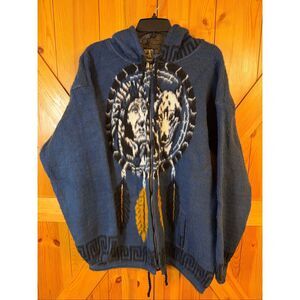 Ruminahui Blue Native American Wool Full Zip Hooded Sweater Jacket Size XL (6680